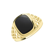 9K Yellow Gold Men's Cush Black Onyx Basket Sides Signet Ring