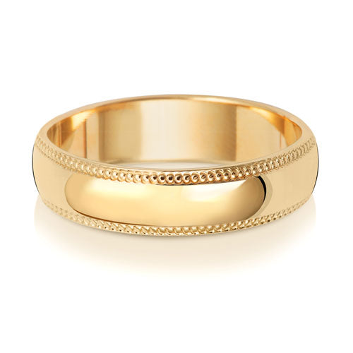 9K Yellow Gold Millgrain Wedding Ring D Shape 5 Mm