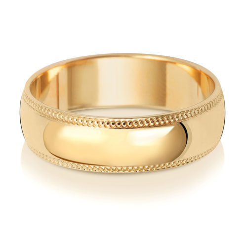 9K Yellow Gold Millgrain Wedding Ring D Shape 6 Mm