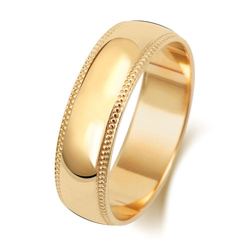 9K Yellow Gold Millgrain Wedding Ring D Shape 6 Mm