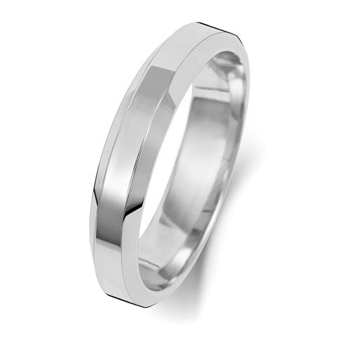 18K White Gold Wedding Ring Soft Court Bevelled 4mm